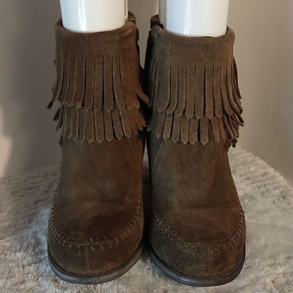 Sbicca Brown Suede Fringe Block Heel Booties - Picture 2 of 9